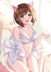 Rule 34 | 1girl, animal ears, barefoot, blush, bow, bow bra, bra, breasts, brown hair, cat ears, cat tail, cleavage, collarbone, fang, green eyes, highres, idolmaster, idolmaster cinderella girls, idolmaster cinderella girls starlight stage, indoors, large breasts, lingerie, looking at viewer, maekawa miku, navel, off shoulder, on bed, open clothes, open mouth, open shirt, panties, paw pose, shirt, short hair, sitting, smile, solo, sutoroa, tail, underwear, wariza, white bow, white bra, white panties, white shirt
