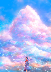Rule 34 | 1girl, black hair, blue dress, cloud, cloudy sky, dress, feet out of frame, highres, long sleeves, looking to the side, original, outdoors, red shawl, sakimori (hououbds), scenery, shawl, short hair, sky, solo, standing, wind