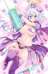 Rule 34 | 1girl, :q, absurdres, antenna hair, aqua eyes, breasts, closed mouth, coat, halo, hat, highres, holding, large syringe, looking at viewer, mary janes, medium breasts, navel, nipples, nurse cap, open clothes, open coat, original, oversized object, panties, pill, pink coat, purple skirt, purple thighhighs, shoes, short hair, short sleeves, showgirl skirt, skirt, smile, solo, stomach, syringe, tenzeru, thighhighs, thighs, tongue, tongue out, topless, underwear, white hair, wings, wrist cuffs