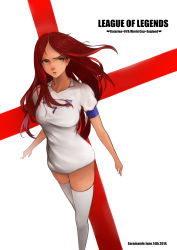 Rule 34 | 1girl, 2014 fifa world cup, absurdres, england, green eyes, highres, katarina (league of legends), league of legends, long hair, open mouth, red hair, saramande, scar, scar across eye, scar on face, soccer uniform, solo, sportswear, thighhighs, white thighhighs, world cup