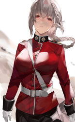 Rule 34 | 1girl, belt, black skirt, blazpu, braid, braided ponytail, breasts, buttons, fate/grand order, fate (series), florence nightingale (fate), folded ponytail, gloves, highres, jacket, large breasts, long hair, long sleeves, looking at viewer, military jacket, parted lips, pink hair, pleated skirt, red eyes, red jacket, skirt, solo, white gloves