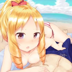 Rule 34 | 10s, 1boy, 1girl, barefoot, blue male swimwear, blue sky, blue swim trunks, blush, bow, breasts, bulge, cloud, collarbone, day, drawstring, drill hair, eromanga sensei, hair bow, hair ornament, handjob, handjob over clothes, hetero, looking at viewer, lying, male swimwear, nenosame (nenosame5 ), nipples, on back, open mouth, outdoors, panties, ponytail, pov, red bow, side-tie panties, sky, small breasts, solo focus, striped clothes, striped panties, swim trunks, swimsuit, toes, twin drills, underwear, yamada elf