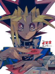Rule 34 | 1boy, black hair, blonde hair, blue jacket, card, closed mouth, dr6, duel disk, english text, highres, jacket, multicolored hair, muto yugi, purple hair, red star, simple background, smile, solo, star (symbol), twitter username, white background, yu-gi-oh!, yu-gi-oh! duel monsters