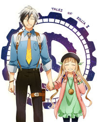 Rule 34 | 1boy, 1girl, beret, black hair, black hat, brown hair, closed eyes, colored tips, copyright name, elle mel marta, gears, green shirt, grin, hat, height difference, hetero, holding hands, jacket, jewelry, long hair, ludger will kresnik, monaka, multicolored hair, necklace, necktie, pants, shirt, smile, suspenders, tales of (series), tales of xillia, tales of xillia 2, twintails, two-tone hair, white hair