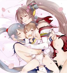 Rule 34 | 10s, 3girls, bed sheet, between breasts, blue hair, breast press, breast smother, breasts, brown eyes, brown hair, dress, drooling, closed eyes, girl sandwich, hair between eyes, hug, kantai collection, large breasts, light smile, long hair, looking at viewer, miniskirt, multiple girls, one eye closed, open mouth, panties, ponytail, sailor dress, sandwiched, short hair, single thighhigh, skirt, sleeping, thighhighs, torn clothes, underwear, very long hair, white panties, yahagi (kancolle), yamato (kancolle), yukikaze (kancolle), yuzuki yuno