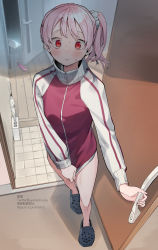 Rule 34 | 1girl, blush, breasts, covering crotch, covering privates, crocs, dildo, doorway, highres, looking at viewer, original, pink hair, red eyes, sex toy, sho bu 1116, side ponytail, sweat, umbrella