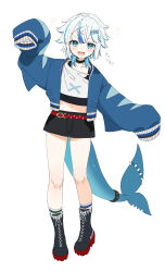 Rule 34 | 1girl, :d, arm up, belt, belt buckle, black choker, black footwear, black shorts, black tank top, blue eyes, blue hair, blue jacket, boots, buckle, choker, collarbone, commentary request, crop top, cropped jacket, cross-laced footwear, fins, fish skeleton hair ornament, fish tail, full body, gawr gura, gotou (nekocat), hair ornament, hairclip, highres, hololive, hololive english, jacket, lace-up boots, long sleeves, looking at viewer, midriff, multicolored hair, navel, open clothes, open jacket, open mouth, puffy long sleeves, puffy sleeves, red belt, shark tail, sharp teeth, shirt, short shorts, shorts, simple background, sleeves past fingers, sleeves past wrists, smile, socks, solo, standing, streaked hair, tail, tank top, teeth, v-shaped eyebrows, virtual youtuber, white background, white hair, white shirt, white socks, x hair ornament