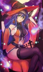 Rule 34 | 1girl, ahoge, bare shoulders, blue hair, breasts, detached sleeves, fingerless gloves, fire emblem, fire emblem: path of radiance, fire emblem heroes, gloves, green eyes, hairband, halloween, hat, headband, kokouno oyazi, large breasts, long hair, looking at viewer, mia (fire emblem), nintendo, purple hair, sideboob, simple background, sitting, smile, solo, thighhighs, white hairband, witch, witch hat