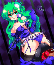 Rule 34 | 1girl, ass, bdsm, black thighhighs, blush, breasts, butt crack, collar, dominatrix, elbow gloves, female focus, femdom, frog, garter straps, gin (shioyude), gloves, green eyes, green hair, hair ornament, kochiya sanae, large breasts, long hair, panties, riding crop, sitting, sitting on face, sitting on person, snake, solo focus, star-shaped pupils, star (symbol), symbol-shaped pupils, thighhighs, touhou, underwear