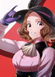 Rule 34 | 1girl, absurdres, ascot, bad id, bad pixiv id, black feathers, black hat, brown eyes, brown hair, dress shirt, feathers, gloves, grin, hat, hat feather, highres, long sleeves, looking at viewer, okumura haru, persona, persona 5, pink shirt, purple gloves, red background, shirt, short hair, smile, solo, tirudo29, two-tone background, upper body, white ascot, white background