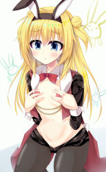 Rule 34 | 1girl, animal ears, animal print, black hairband, black suit, blonde hair, blue eyes, blush, bow, bowtie, breast conscious, breasts, chitose sana, closed mouth, collar, commentary request, detached collar, double bun, eyelashes, eyes visible through hair, fake animal ears, fishnet pantyhose, fishnets, formal, frown, hair between eyes, hair bun, hair intakes, hairband, heart, heart pasties, highres, kneeling, kyouno komatsu, leotard, long hair, long sleeves, looking down, meme attire, navel, pantyhose, pasties, playboy bunny, rabbit ears, rabbit print, red bow, red bowtie, reverse bunnysuit, reverse outfit, simple background, small breasts, solo, stomach, suit, sweatdrop, tenshinranman, two side up, white background, white collar