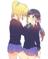 Rule 34 | 10s, 2girls, aqua bow, aqua bowtie, aqua eyes, ayase eli, blazer, blonde hair, blue scrunchie, blush, bow, bowtie, closed eyes, commentary, cowboy shot, face-to-face, hands on another&#039;s cheeks, hands on another&#039;s face, jacket, leg between thighs, long hair, long sleeves, love live!, love live! school idol project, low twintails, miniskirt, mofun, multiple girls, pleated skirt, ponytail, purple hair, purple scrunchie, school uniform, scrunchie, sketch, skirt, striped bow, striped bowtie, striped clothes, striped neckwear, tojo nozomi, twintails, white background, yuri