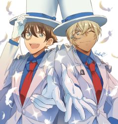 Rule 34 | 2boys, :d, ;), amuro tooru, arm up, blonde hair, blue eyes, blue shirt, brown hair, cape, closed mouth, collared shirt, commentary request, cosplay, dreaming182, dress shirt, falling feathers, feathers, formal, gloves, hair between eyes, hand on headwear, happy, hat, jacket, kaitou kid, kaitou kid (cosplay), long sleeves, looking at viewer, magic kaito, male focus, matching outfits, meitantei conan, monocle, monocle chain, multiple boys, necktie, one eye closed, open mouth, outstretched hand, red neckwear, shirt, short hair, side-by-side, signature, simple background, smile, sparkle, suit, teeth, top hat, upper body, upper teeth only, white background, white cape, white feathers, white gloves, white headwear, white jacket, white suit