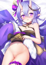 Rule 34 | 1girl, :3, baram, bed sheet, blush, breasts, censored, commentary request, hair between eyes, highres, horns, japanese clothes, kimono, light purple hair, long hair, looking at viewer, lying, medium breasts, mole, mole on thigh, mole under mouth, mosaic censoring, navel, nijisanji, no bra, no panties, on back, oni, parted lips, pointy ears, purple eyes, purple kimono, pussy, rindou mikoto, skin-covered horns, sleeves past fingers, sleeves past wrists, smile, solo, thick eyebrows, virtual youtuber, wide sleeves