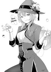 Rule 34 | 1girl, absurdres, acorn, ayunda risu, ayunda risu (3rd costume), breasts, commentary, deez nuts (meme), english commentary, gloves, greyscale, hat, hat leaf, high-waist skirt, highres, holding, hololive, hololive indonesia, jacket, lynus, medium breasts, medium hair, meme, monochrome, skirt, smile, solo, squirrel girl, squirrel tail, tail, virtual youtuber, witch hat