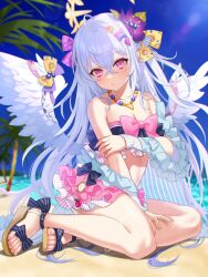 Rule 34 | 1girl, angel wings, azusa (blue archive), azusa (swimsuit) (blue archive), beach, bikini, blue archive, blush, bow, breasts, closed mouth, commentary, day, deca purio, feathered wings, flower, frilled bikini, frills, grey hair, hair between eyes, hair bow, hair flower, hair ornament, highres, long hair, ocean, official alternate costume, outdoors, palm tree, pink bow, pink eyes, purple bow, purple flower, sandals, small breasts, solo, swimsuit, symbol-only commentary, tree, white wings, wings