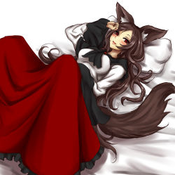 Rule 34 | 1girl, adapted costume, amagi (amagi626), animal ears, blush, breasts, brooch, brown hair, frilled skirt, frilled sleeves, frills, hand to forehead, highres, imaizumi kagerou, jewelry, long hair, long skirt, lying, medium breasts, on back, open mouth, pillow, pink lips, red eyes, red skirt, shirt, skirt, smile, solo, tail, touhou, very long hair, wavy hair, white shirt, wolf ears, wolf tail