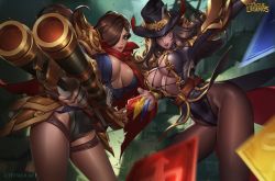 Rule 34 | 2girls, breasts, brown hair, card, center opening, citemer, cleavage, genderswap, genderswap (mtf), hat, heart, large breasts, league of legends, leotard, lips, lipstick, long hair, looking at viewer, makeup, graves (league of legends), multiple girls, pantyhose, parted lips, playing card, twisted fate, weapon