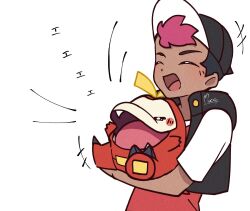 Rule 34 | +++, 1boy, black headwear, black vest, closed eyes, commentary request, creatures (company), dark-skinned male, dark skin, fuecoco, game freak, hat, highres, holding, holding pokemon, male focus, mocacoffee 1001, nintendo, open clothes, open mouth, open vest, pink hair, pokemon, pokemon (anime), pokemon (creature), pokemon horizons, red shirt, roy (pokemon), shirt, signature, simple background, tongue, vest, white background