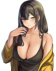 Rule 34 | 1girl, 3 small spiders, absurdres, black hair, breasts, cleavage, girls&#039; frontline, hand up, heterochromia, highres, jacket, long hair, multicolored hair, off shoulder, open clothes, open jacket, red eyes, ro635 (girls&#039; frontline), streaked hair, tank top, upper body, white background, white hair, yellow eyes, yellow jacket