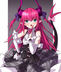 Rule 34 | 1girl, asymmetrical horns, bare shoulders, black corset, blue eyes, blush, bow, corset, detached sleeves, dragon girl, dragon horns, dragon tail, elizabeth bathory (fate), elizabeth bathory (fate/extra ccc), elizabeth bathory (second ascension) (fate), fangs, fate/extra, fate/extra ccc, fate/grand order, fate (series), finger to mouth, grey skirt, halterneck, highres, horns, idol clothes, long hair, looking at viewer, open mouth, pink bow, pink hair, plaid, plaid skirt, pointy ears, simple background, skirt, solo, tail, tail bow, tail ornament, takanashi kei (hitsujikan), uneven horns, white sleeves