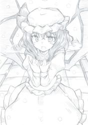 Rule 34 | 1girl, bat wings, breath, cowboy shot, cuff links, fang, frilled shirt, frilled skirt, frills, from above, greyscale, hat, hat ribbon, highres, long sleeves, looking at viewer, mahiro (akino-suisen), medium hair, mob cap, monochrome, open mouth, puffy sleeves, remilia scarlet, ribbon, scarf, shirt, skirt, skirt set, sleeve cuffs, snow, solo, touhou, traditional media, wings