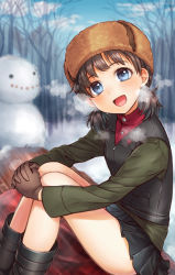Rule 34 | 10s, 1girl, black skirt, blanket, blue eyes, blush, boots, breath, brown eyes, brown hair, fur hat, girls und panzer, gloves, hat, highres, jacket, hugging own legs, long sleeves, looking at viewer, military, military uniform, miniskirt, nina (girls und panzer), open mouth, outdoors, pleated skirt, short hair, short twintails, sitting, skirt, smile, snowman, solo, totonii (totogoya), turtleneck, twintails, uniform, ushanka, vest, winter