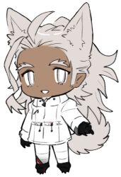 Rule 34 | 1boy, ahoge, animal ears, black footwear, black gloves, borrowed character, bright pupils, chibi, claws, coat, dog boy, dog ears, dog tail, facial hair, full body, gloves, goatee, grey eyes, grey hair, hand up, lapithai, long hair, long sleeves, looking at viewer, lowres, male focus, mature male, open mouth, original, pants, pointy ears, simple background, solo, standing, tail, thick eyebrows, transparent background, white coat, white pants, white pupils