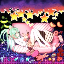 Rule 34 | 1girl, bad id, bad pixiv id, blue flower, blue rose, cake, candy, checkerboard cookie, cherry, cookie, couch, cream puff, cushion, doughnut, flower, food, fruit, green eyes, green hair, hatsune miku, heart, highres, ice cream, ice cream cone, jelly bean, konpeitou, lol -lots of laugh- (vocaloid), lollipop, matching hair/eyes, pokachu, popsicle, rabbit, red flower, red rose, rose, school uniform, serafuku, shaved ice, skirt, solo, spring onion, star (symbol), stuffed animal, stuffed toy, sweets, swirl lollipop, thighhighs, twintails, vocaloid