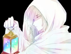 Rule 34 | 1boy, black background, chinese commentary, cloak, commentary request, harada mutei, highres, holding, holding lantern, hood, hood up, hooded cloak, lantern, long sleeves, male focus, parted lips, partially colored, qubagogo, rainbow gradient, saibou shinkyoku, short hair, simple background, solo