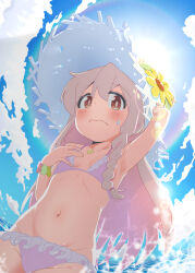 Rule 34 | absurdres, arm up, armpits, bikini, blush, braid, breasts, bright pupils, brown eyes, colored inner hair, day, flower, frilled bikini, frills, from below, grey hair, hat, hat flower, highres, lens flare, long hair, looking at viewer, multicolored hair, navel, onii-chan wa oshimai!, outdoors, oyama mahiro, pink bikini, pink eyes, scrunchie, shiina excel, side braid, small breasts, standing, stomach, summer, sun, sun hat, sunflower, sunlight, sweatdrop, swimsuit, very long hair, wavy mouth, white hat, wrist scrunchie