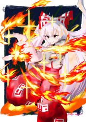 Rule 34 | 1girl, absurdres, bow, brown eyes, closed mouth, commentary request, fire, fujiwara no mokou, hair bow, highres, long hair, long sleeves, naga38, ofuda, ofuda on clothes, pants, pyrokinesis, red pants, shirt, smile, solo, suspenders, torn clothes, torn shirt, touhou, twitter username, very long hair, white hair