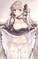 Rule 34 | 1girl, :t, ahoge, azur lane, between breasts, black bow, black dress, black nails, bow, breasts, cleavage, closed mouth, clothes lift, clothing cutout, collarbone, cowboy shot, detached collar, dress, dress lift, earrings, fingernails, formidable (azur lane), frilled dress, frills, garter belt, gluteal fold, grey hair, hair bow, highres, jewelry, kana (kuaua), large breasts, lifting own clothes, long hair, long sleeves, looking at viewer, nail polish, navel, panties, photoshop (medium), pout, red eyes, shoulder cutout, solo, standing, stomach, thighhighs, thighs, twintails, underwear, v-shaped eyebrows, very long hair, white panties, white thighhighs