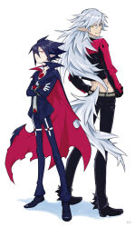 Rule 34 | 2boys, cape, crossed arms, disgaea, fenrich (disgaea), full body, gloves, hair between eyes, height difference, highres, issa (sorako45), long hair, makai senki disgaea 4, male focus, multiple boys, pants, pointy ears, red eyes, shoes, tail, valvatorez (disgaea), werewolf, white background, white gloves, wolf tail