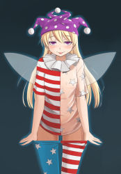 Rule 34 | 1girl, american flag dress, american flag legwear, baketsuya, blonde hair, blush, clothes pull, clownpiece, convenient censoring, cowboy shot, fairy wings, hat, highres, jester cap, long hair, looking at viewer, navel, pantyhose, pantyhose pull, purple eyes, pussy juice, see-through, smile, solo, striped clothes, striped pantyhose, sweat, tongue, tongue out, touhou, undressing, wings