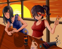 Rule 34 | 10s, 2girls, alcohol, alternate costume, alternate hairstyle, artist request, bar (place), black hair, blue eyes, bracelet, champagne flute, champagne glass, cup, dress, drink, drinking glass, drunk, eyebrows, fabric softener, female focus, highres, jewelry, kill la kill, kiryuuin satsuki, long hair, matoi ryuuko, midriff, multicolored hair, multiple girls, ponytail, senketsu, shot glass, siblings, side ponytail, sisters, smile, sunset, tank top, thick eyebrows, two-tone hair