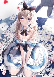 Rule 34 | 1girl, :o, absurdres, alice (alice in wonderland), alice in wonderland, apron, between legs, black footwear, black hairband, black ribbon, blue dress, blue eyes, blurry, blurry foreground, blush, braid, breasts, brown hair, card, checkered floor, cleavage, club (shape), collar, commentary request, depth of field, detached collar, diamond (shape), dress, earrings, facial mark, frilled apron, frills, fur-trimmed dress, fur trim, hair between eyes, hair over shoulder, hair ribbon, hairband, hand between legs, heart, heart earrings, highres, huge filesize, jewelry, long hair, looking at viewer, medium breasts, off-shoulder dress, off shoulder, pantyhose, parted lips, playing card, rabbit earrings, ribbon, sa-ya2, shadow, shoes, sitting, solo, spade (shape), twin braids, twintails, waist apron, wariza, white apron, white collar, white pantyhose, wing collar