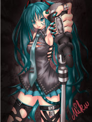 Rule 34 | 1girl, aqua hair, armpits, bad id, bad pixiv id, blue nails, facepaint, hatsune miku, lock, long hair, microphone, microphone stand, nail art, nail polish, necktie, padlock, safety pin, solo, thighhighs, tomato (pixiv585331), tomato (side walk), twintails, very long hair, vocaloid