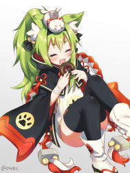 Rule 34 | 1girl, :3, :d, animal ears, azur lane, bell, black bow, black thighhighs, blush, boots, bow, cannon, cat ears, doughnut, eating, closed eyes, fang, food, green hair, grey background, hair bow, hair ornament, hairband, happy, highres, holding, isokaze (azur lane), japanese clothes, jingle bell, long sleeves, open mouth, platform footwear, sandals, simple background, sitting, smile, solo, supershiruco, tassel, thighhighs, twitter username, white footwear, wide sleeves, wristband, x x