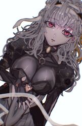 Rule 34 | 1girl, armor, bandages, blush, bodysuit, breasts, cleavage, fingerless gloves, gloves, goddess of victory: nikke, grey hair, hair ribbon, hairband, large breasts, long hair, looking at viewer, modernia (nikke), red eyes, ribbon, see-through, see-through cleavage, shoulder armor, signature, skin tight, solo, standing, user tytx4473, white hairband, yellow ribbon