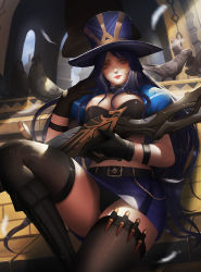 Rule 34 | 1girl, ammunition, bell, belt, belt buckle, bird, black panties, boots, breasts, buckle, bullet, caitlyn (league of legends), chain, chimney, feathers, gloves, gun, hat, highres, holding, holding gun, holding weapon, house, league of legends, long hair, panties, pantyshot, parted lips, pigeon, purple eyes, purple hair, rifle, sitting, sky, solo, thighhighs, turewindwalker, underwear, weapon