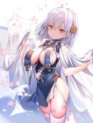 Rule 34 | 1girl, azur lane, black dress, braid, breast curtains, breasts, cleavage, covered navel, cowboy shot, dress, french braid, gloves, hair ornament, half gloves, highres, large breasts, looking at viewer, no bra, pelvic curtain, petals, red eyes, rk (rktorinegi), short hair, silver hair, sirius (azur lane), sirius (azure horizons) (azur lane), sirius (scorching-hot seirios) (azur lane), sleeveless, sleeveless dress, solo, thighhighs, thighs, white gloves, white thighhighs