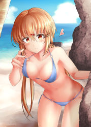 Rule 34 | 1girl, alternate costume, beach, bikini, bikini pull, blue sky, blush, breasts, clothes pull, cloud, commentary request, day, habara meguru, halterneck, heart, highres, kantai collection, long hair, looking at viewer, medium breasts, navel, o-ring, ocean, outdoors, palm tree, sky, smile, solo, string bikini, swimsuit, tashkent (kancolle), tree, water