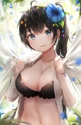 Rule 34 | 1girl, ahoge, black bra, black hair, blue eyes, blue flower, bra, breasts, cleavage, collarbone, curtains, flower, hair flower, hair ornament, halterneck, halterneck, hands up, highres, hiromaster sinta jh, holding, lace, lace-trimmed bra, lace trim, large breasts, leaf, long hair, looking at viewer, navel, open clothes, open shirt, original, parted lips, shirt, side ponytail, sidelocks, solo, stomach, string bra, underwear, upper body, white shirt