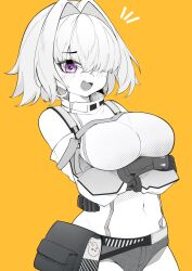 Rule 34 | 1girl, :d, ahoge, arms under breasts, blush, breasts, clothing cutout, crop top, cropped sweater, elegg (nikke), exposed pocket, goddess of victory: nikke, greyscale, hair intakes, hair over eyes, highres, large breasts, long bangs, long sleeves, looking at viewer, monochrome, navel, open mouth, purple eyes, rimun rimun, short hair, shorts, shoulder cutout, smile, solo, spot color, suspender shorts, suspenders, sweatdrop, thighs