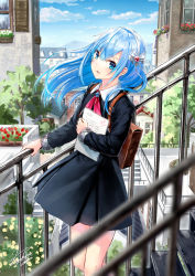 Rule 34 | 1girl, :d, bag, black dress, blue eyes, blue hair, blue sky, blurry, blush, briefcase, building, cloud, cowboy shot, day, depth of field, dress, floating hair, from side, gem, hairband, hand on railing, highres, holding, house, kazuharu kina, long hair, long sleeves, looking at viewer, looking to the side, neck ribbon, open mouth, original, pink ribbon, ribbon, school bag, school briefcase, simple background, sky, sleeve cuffs, smile, solo, stairs, standing, tareme, academic test, test score, town, tree, v-shaped eyebrows, white hairband, wind, window
