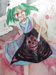 Rule 34 | androgynous, bad id, bad twitter id, blood, blood on face, blood splatter, bone, colored eyelashes, detached sleeves, ex-sese, gender request, gradient background, green hair, hair ornament, jandare, japanese clothes, kitsugai sese, len&#039;en, open mouth, short hair, skull hair ornament, smile, solo