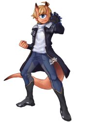 Rule 34 | 1boy, 2019, absurdres, black coat, black footwear, black gloves, blonde hair, blue eyes, boots, borrowed character, clenched hand, coat, commentary, cyclops, english commentary, fighting stance, frown, gloves, highres, horns, male focus, monster boy, no nose, one-eyed, original, signature, single glove, skin-covered horns, snoozincopter, solo, tail, turtleneck