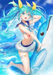 Rule 34 | 1girl, :d, aqua eyes, aqua hair, bikini, bikini skirt, cloud, commentary, hair between eyes, hair ribbon, hatsune miku, hatsune miku graphy collection, inflatable dolphin, inflatable toy, long hair, looking at viewer, navel, open mouth, outdoors, ribbon, sailor collar, sky, smile, solo, thigh strap, tokki, twintails, very long hair, vocaloid, water