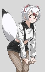 Rule 34 | 1girl, absurdres, angry, animal ear fluff, animal ears, black shorts, brown eyes, clenched hands, clenched teeth, commentary, extra ears, fishnet pantyhose, fishnets, grey background, highres, kemono friends, long hair, long sleeves, midriff, multicolored hair, pantyhose, red hair, shirt, shorts, simple background, solo, stoat (kemono friends), suspender shorts, suspenders, tail, tanabe (fueisei), teeth, two-tone hair, weasel ears, weasel tail, white hair, white shirt